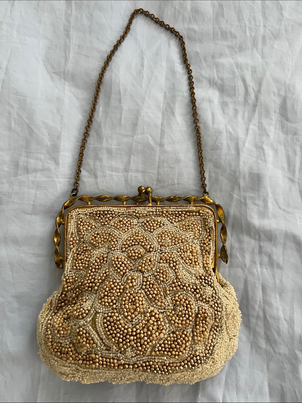 Ivory ArtDeco Beaded Evening Clutch with Gold Frame